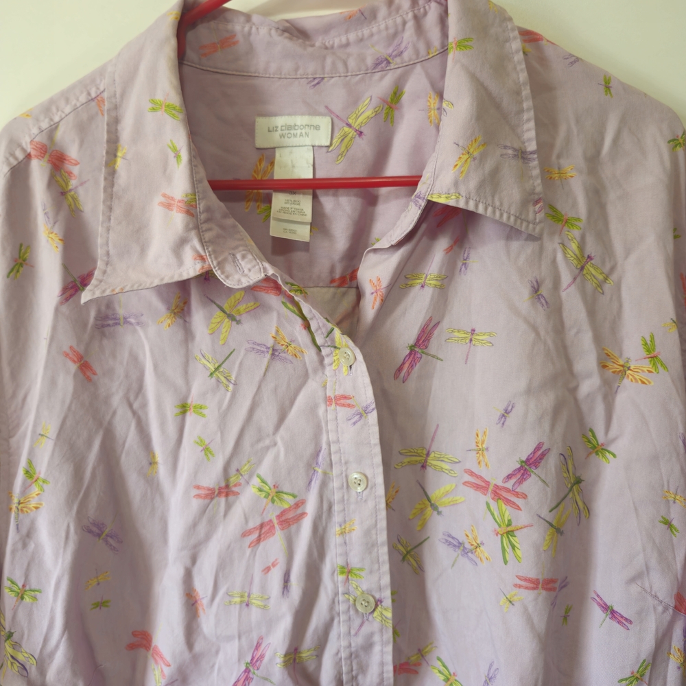 Liz Claiborne Woman 3X Silk Lavender Dragonfly Button Up Shirt Vintage Pastels - Picture 3 of 9